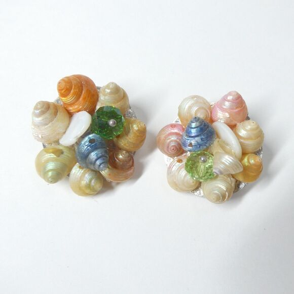 Dyed Trochus Shell Jewelry Set Pendant Bracelet Earrings Seashell Vtg Multicolor - Picture 5 of 11